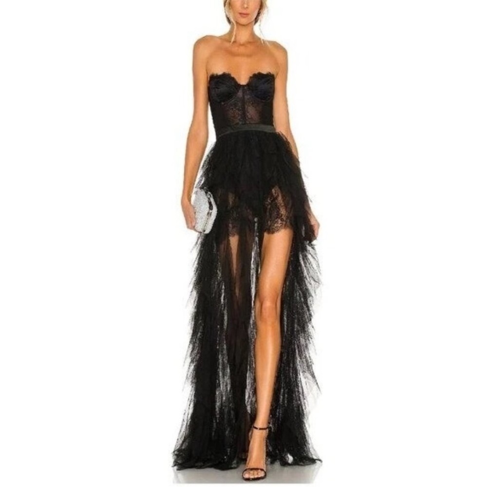 NWT FOR LOVE & LEMONS BUSTIER BLACK TULLE & LACE STRAPLESS GOWN DRESS